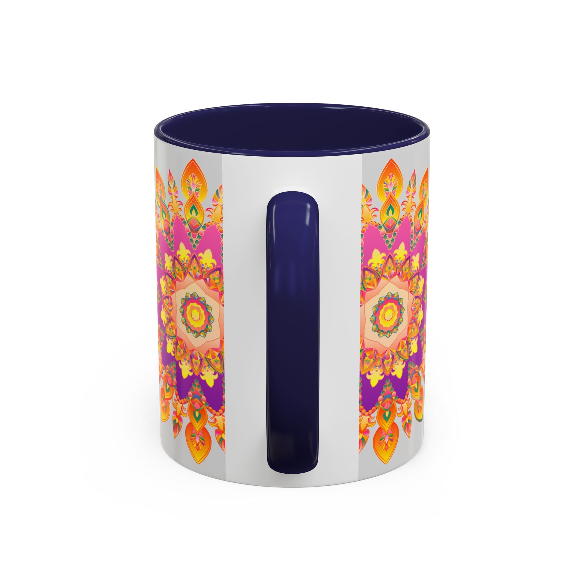 Beautiful mandala art mug with a colorful floral design perfect for morning coffee or tea