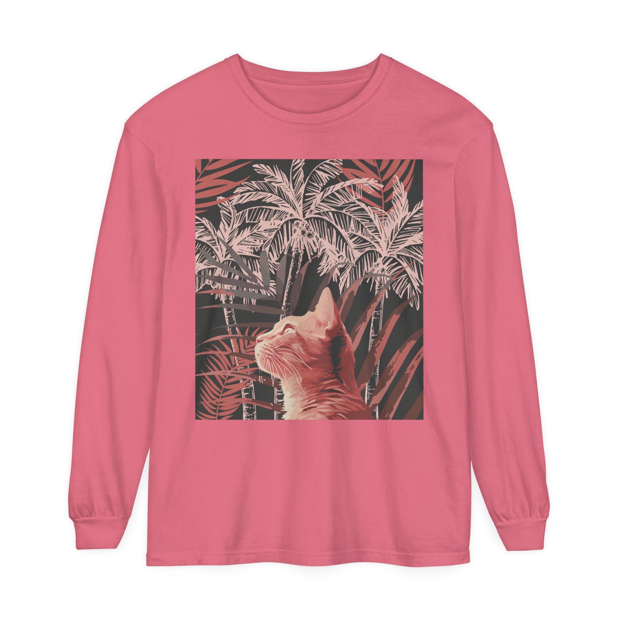 Adorable ginger cat lounging under a tropical palm tree on a stylish t-shirt