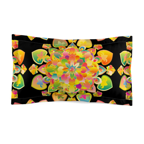 Kissenbezug – Leuchtendes Regenbogen-Blumenmandala auf Schwarz