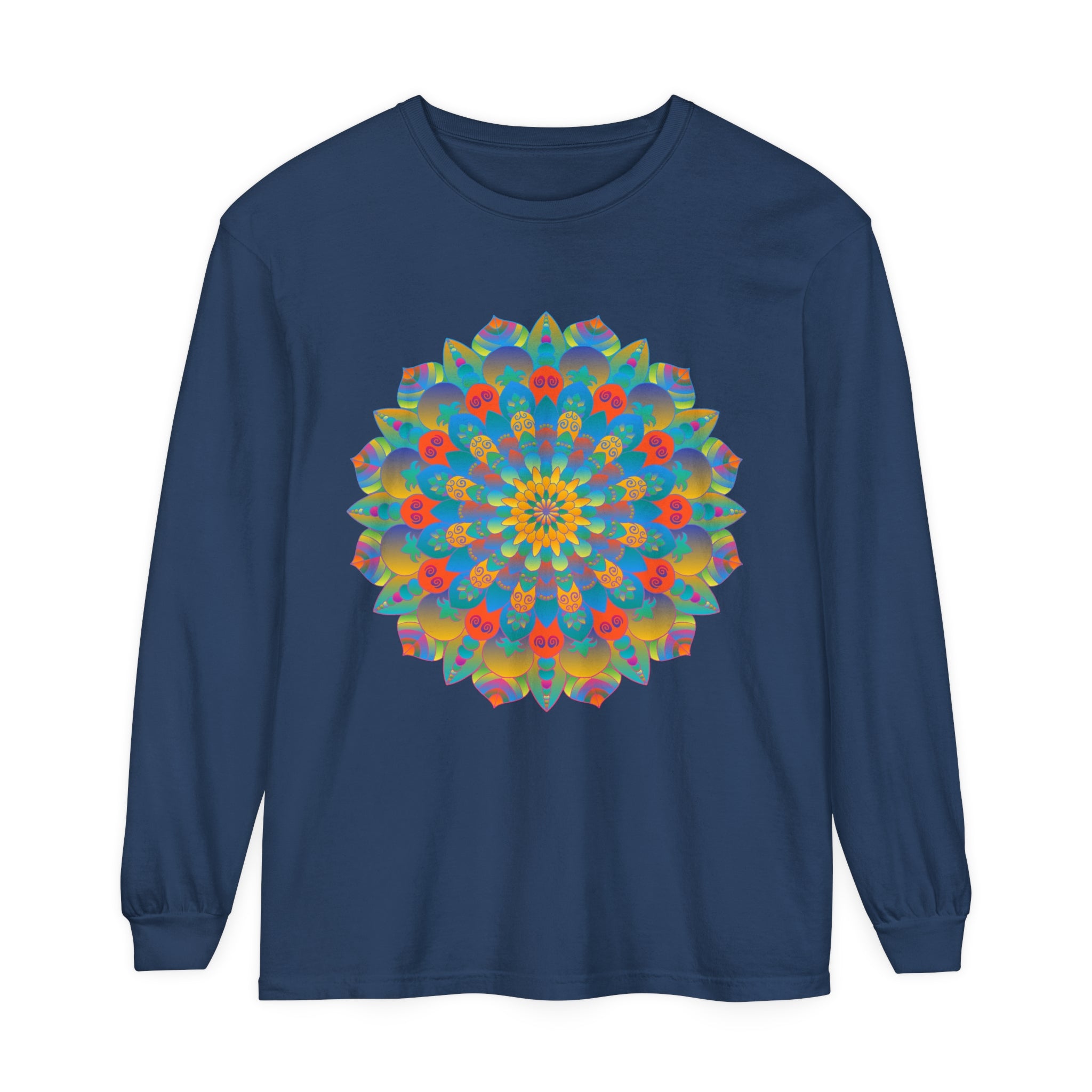 Colorful and detailed mandala design long sleeve t-shirt, perfect for both men and women