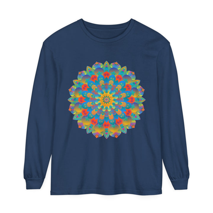 Colorful and detailed mandala design long sleeve t-shirt, perfect for both men and women