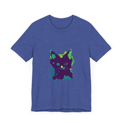 Black t-shirt with neon-colored mystery cat design, great for cat lovers