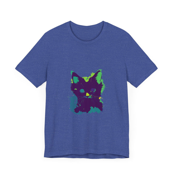 Black t-shirt with neon-colored mystery cat design, great for cat lovers