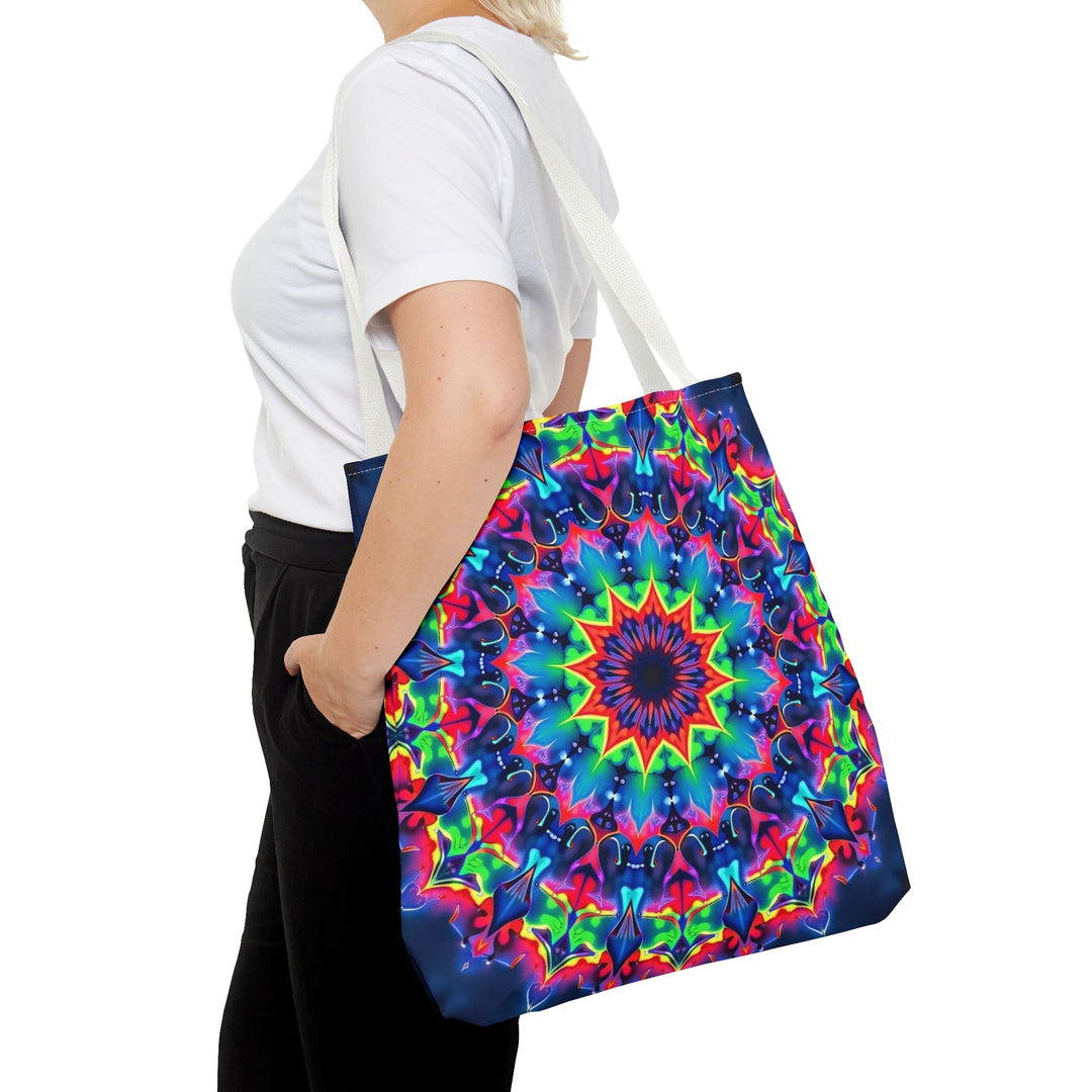 A vibrant and colorful psychedelic mandala tote bag with intricate patterns