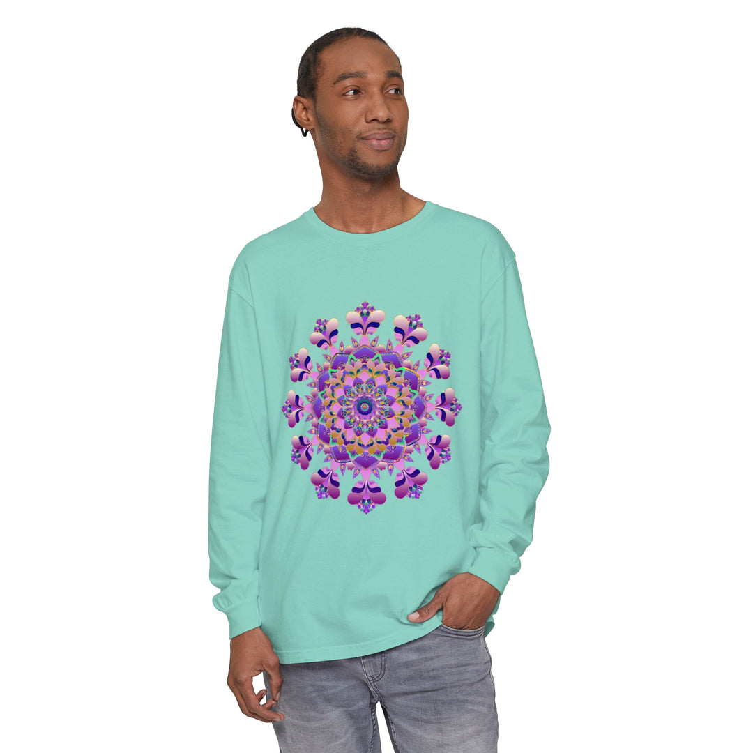 Intricate Mandala Long Sleeve T-Shirt Unisex in black, white, and grey with detailed mandala design