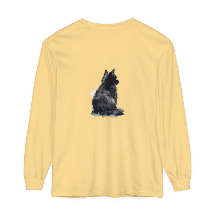 Watercolor long sleeve t-shirt with a black and white cat design