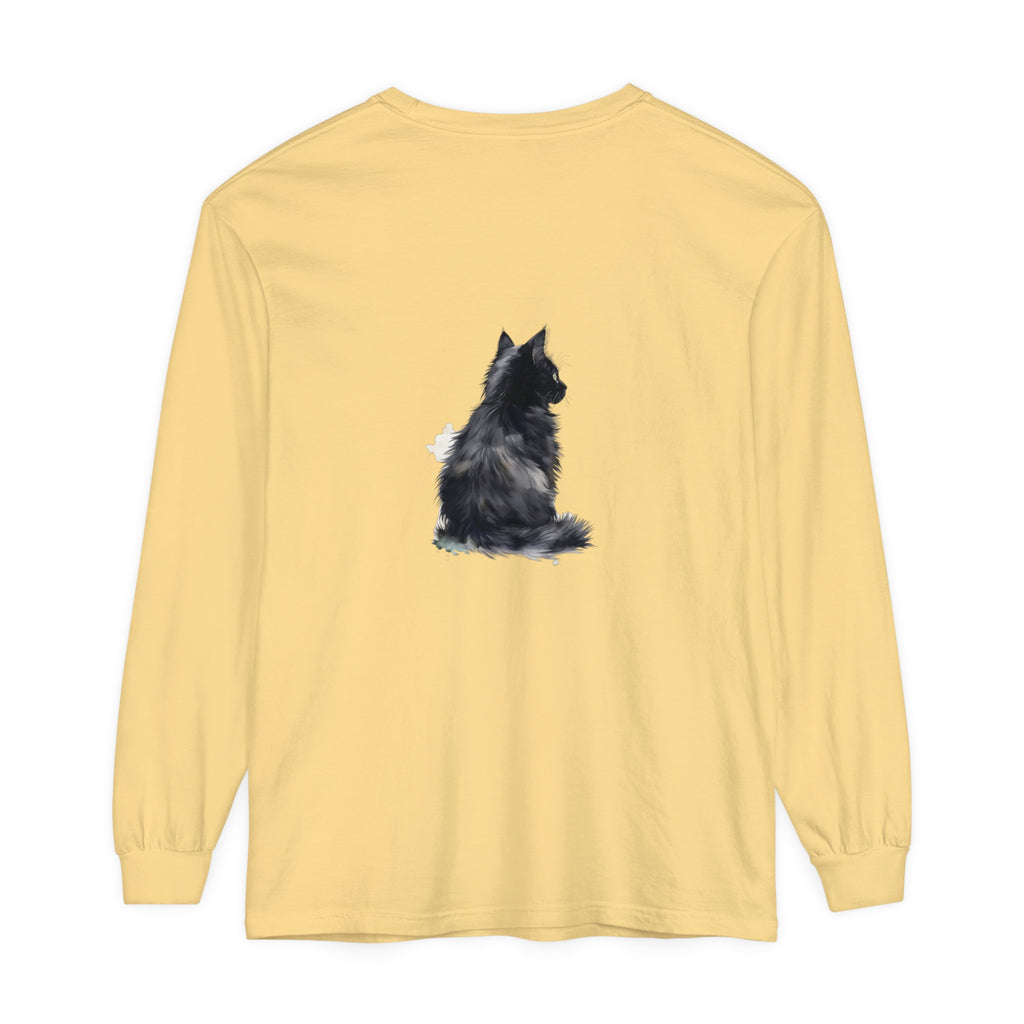 Watercolor long sleeve t-shirt with a black and white cat design