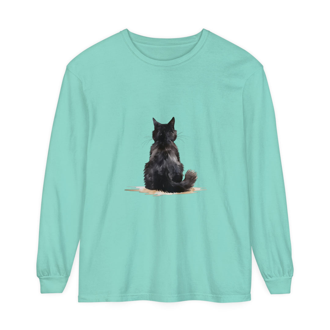 Black Cat Watercolor Unisex Long Sleeve T-Shirt featuring a vibrant feline design