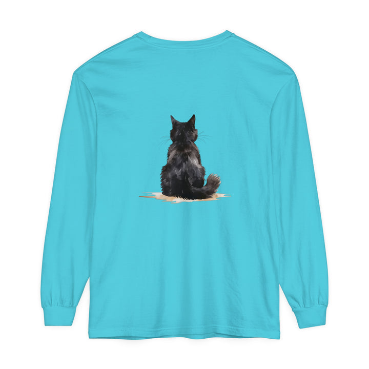 Black Cat Watercolor Unisex Long Sleeve T-Shirt featuring a stunning watercolor design of a black cat on a high-quality, comfortable long sleeve shirt for both men and women