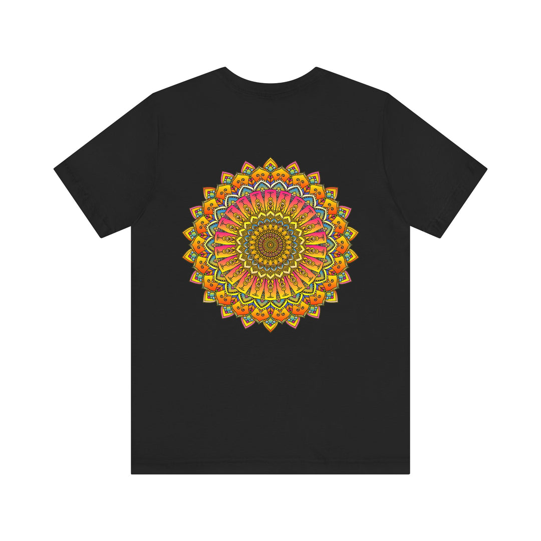 A vibrant mandala tee featuring intricate patterns and symbols representing spiritual peace and harmony, perfect for adding a touch of serenity to your wardrobe