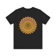 A vibrant mandala tee featuring intricate patterns and symbols representing spiritual peace and harmony, perfect for adding a touch of serenity to your wardrobe