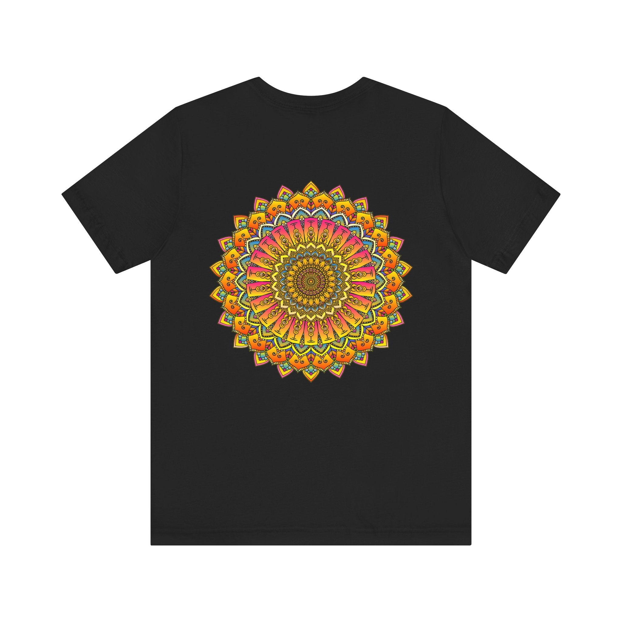 A vibrant mandala tee featuring intricate patterns and symbols representing spiritual peace and harmony, perfect for adding a touch of serenity to your wardrobe