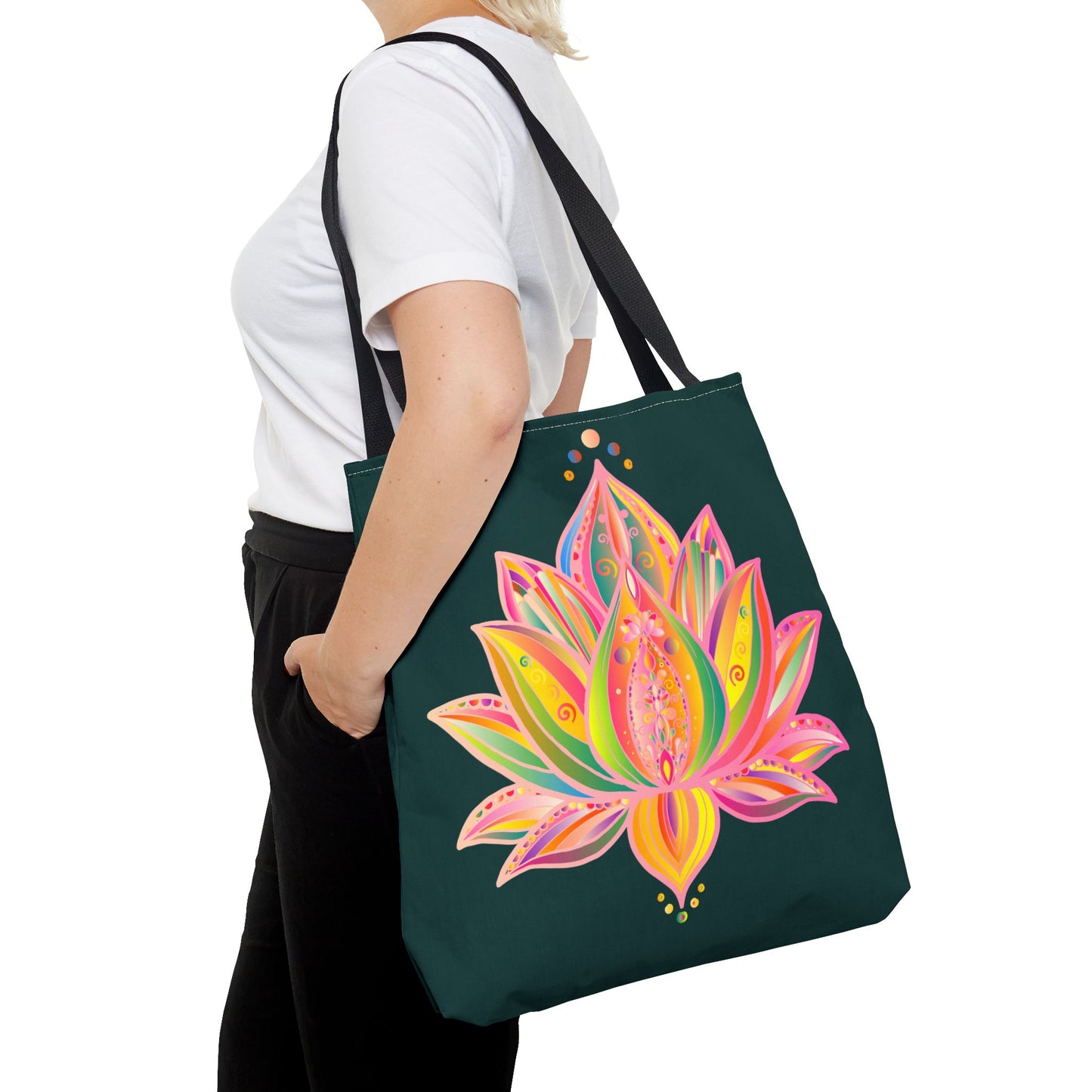 Colorful Mandala Lotus Tote Bag with intricate floral design and spacious interior