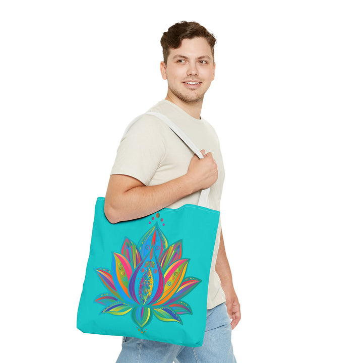 Beautiful azure blue Mandala Lotus Tote Bag with intricate floral design