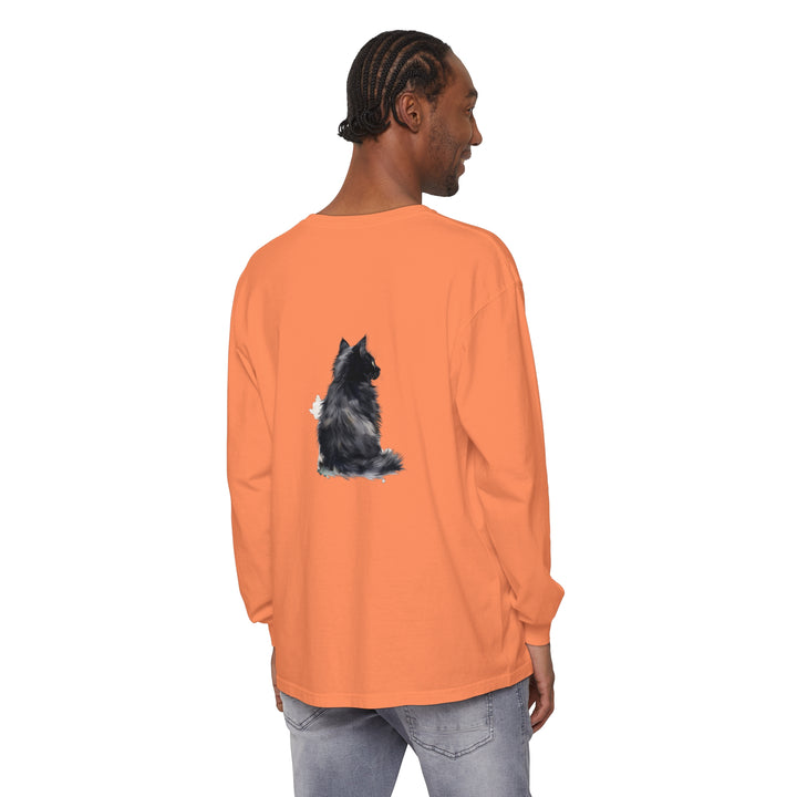 Beautiful watercolor long sleeve t-shirt featuring a black and white cat design