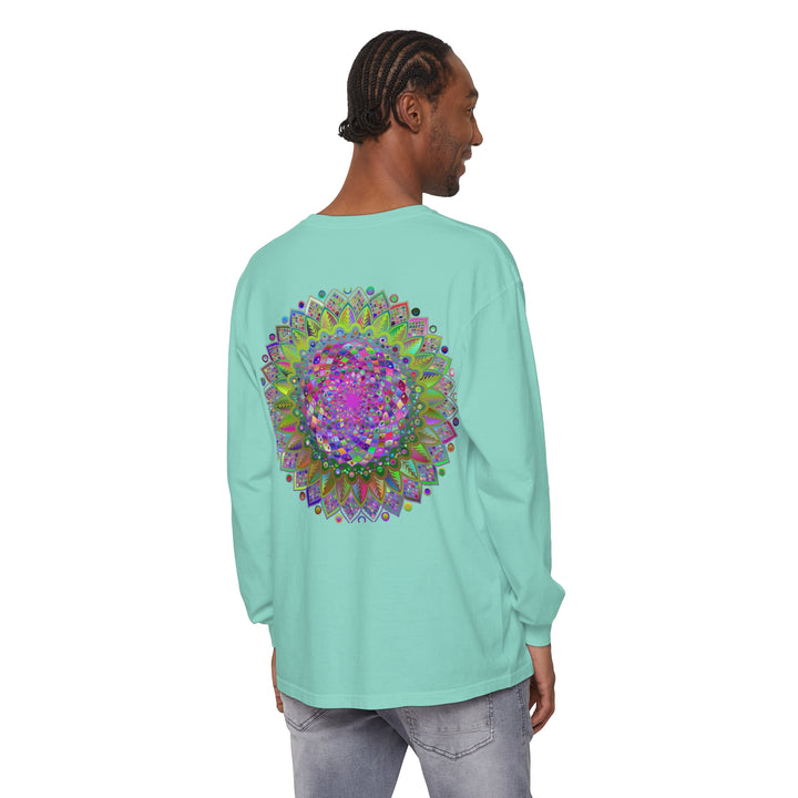 Colorful and intricate mandala design on a unisex long sleeve t-shirt