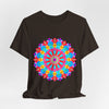 Vibrant and colorful mandala t-shirt featuring intricate psychedelic art design