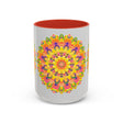 Colorful mandala mug with bohemian art design on white background