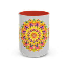 Colorful mandala mug with bohemian art design on white background