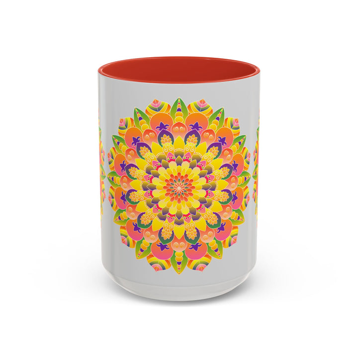 Colorful mandala mug with bohemian art design on white background