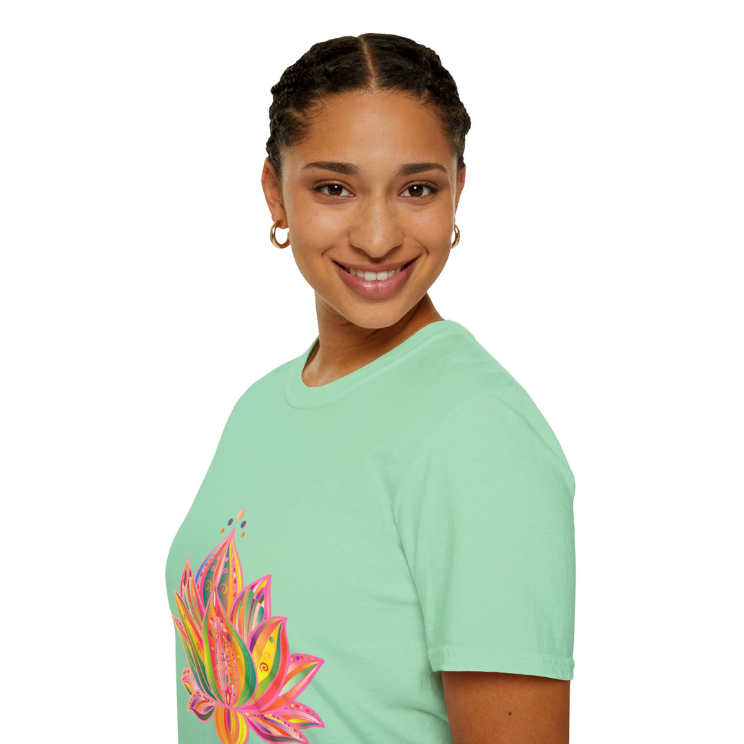 Beautiful hand-drawn lotus mandala design on a unisex t-shirt by Blululi