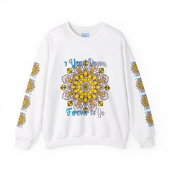 Black unisex heavy blend crewneck sweatshirt with '1 year down, forever to go' text, perfect first year wedding anniversary gift