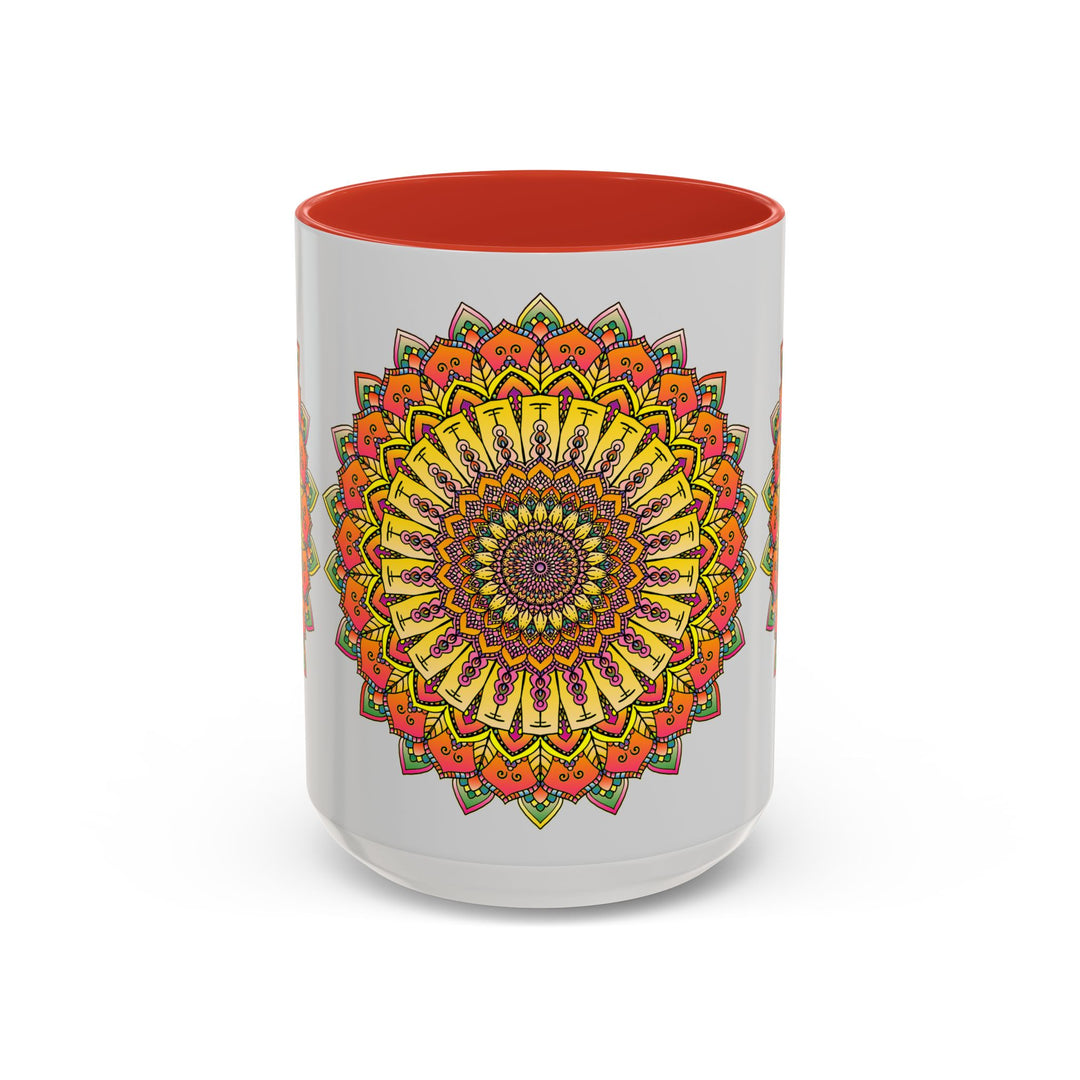 Vibrant mandala mug featuring colorful art on a grey background, perfect for adding a pop of color to your morning routine