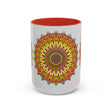 Vibrant mandala mug featuring colorful art on a grey background, perfect for adding a pop of color to your morning routine