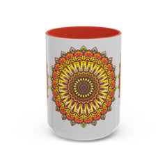 Vibrant mandala mug featuring colorful art on a grey background, perfect for adding a pop of color to your morning routine