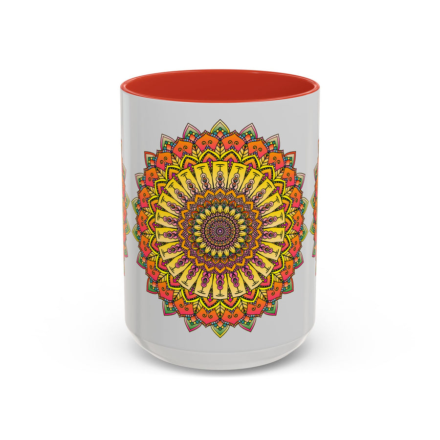 Vibrant mandala mug featuring colorful art on a grey background, perfect for adding a pop of color to your morning routine