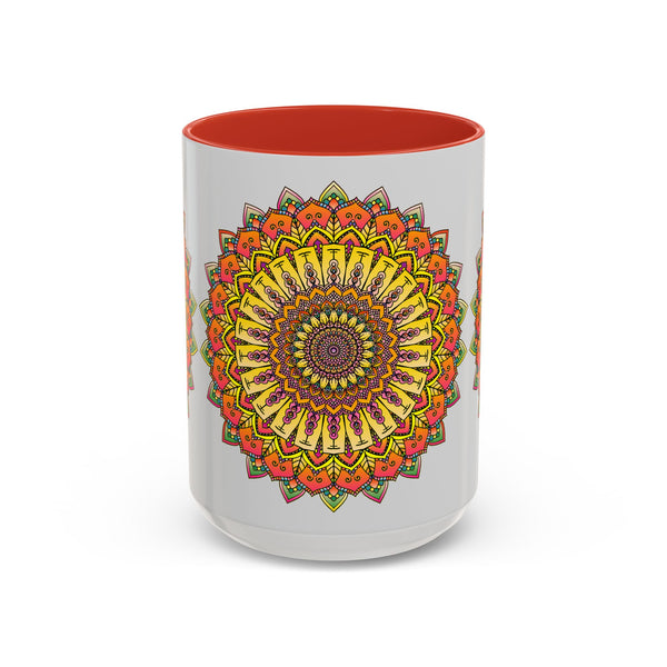 Vibrant mandala mug featuring colorful art on a grey background, perfect for adding a pop of color to your morning routine