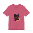 Black Cat Mystery T-Shirt featuring a mysterious black cat with mesmerizing purple eyes on a dark purple background