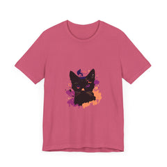 Black Cat Mystery T-Shirt featuring a mysterious black cat with mesmerizing purple eyes on a dark purple background