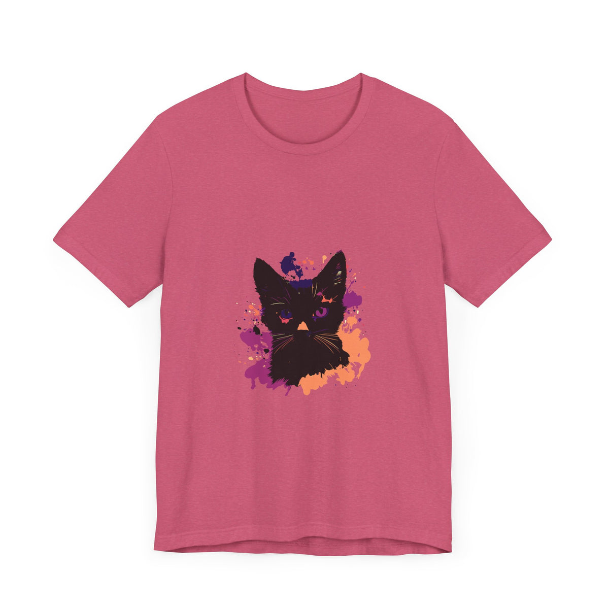 Black Cat Mystery T-Shirt featuring a mysterious black cat with mesmerizing purple eyes on a dark purple background