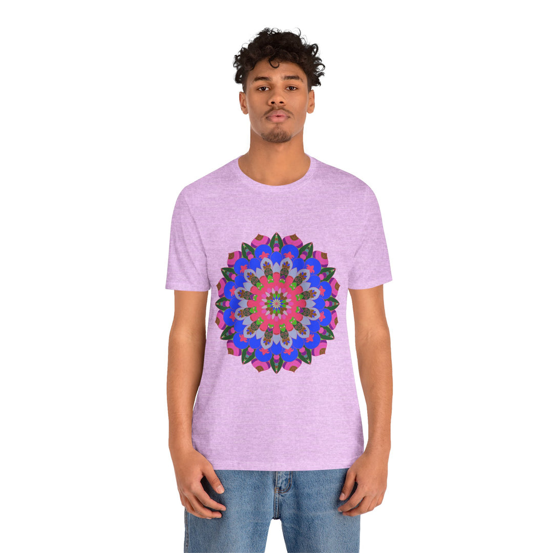 Vibrant and intricate mandala design t-shirt in various geometric shapes and colors