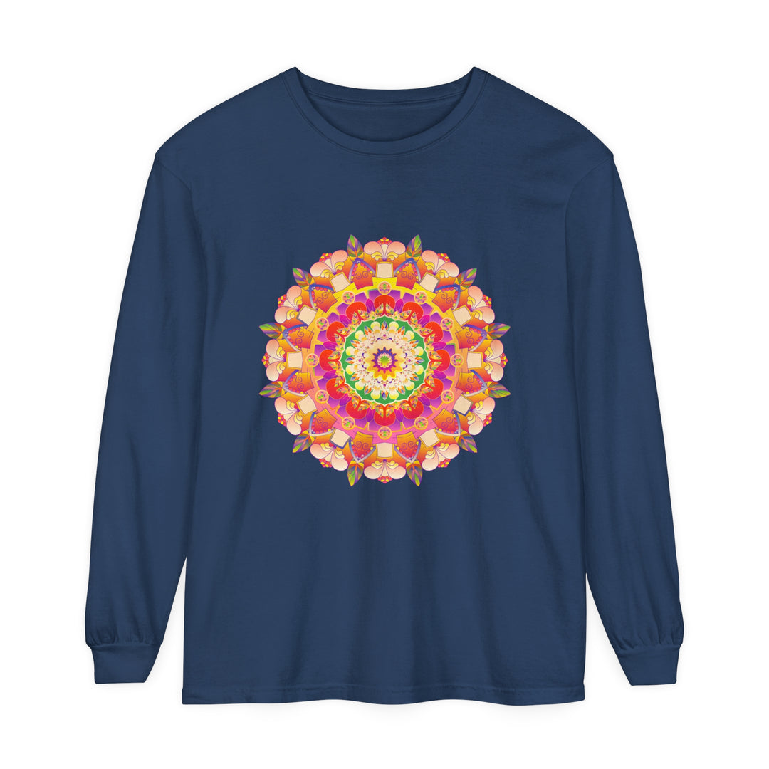 Colorful mandala design on a unisex long sleeve t-shirt