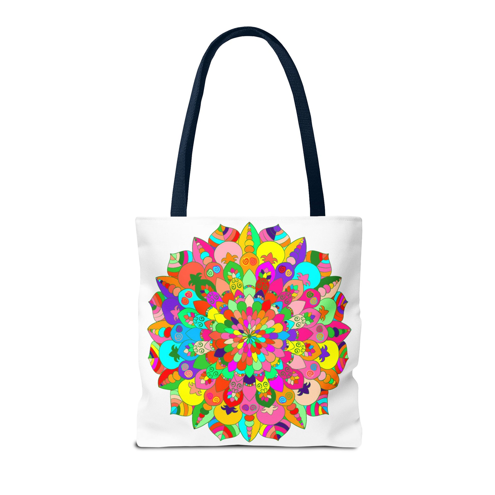 Large, vibrant, and intricately-designed tote bag featuring a colorful mandala art pattern