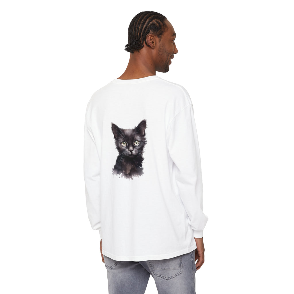 Long sleeve black cat watercolor t-shirt with vibrant and detailed design