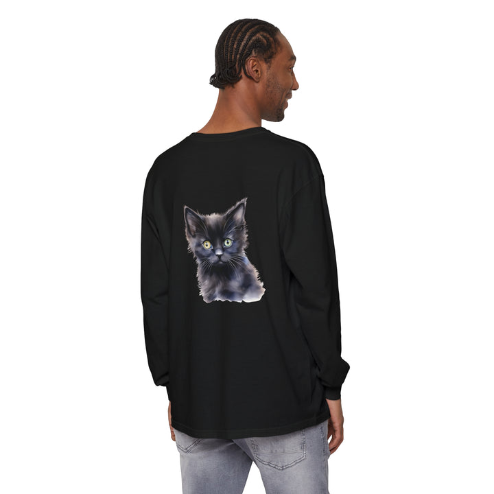 Black unisex long sleeve t-shirt featuring a mystical kitten design