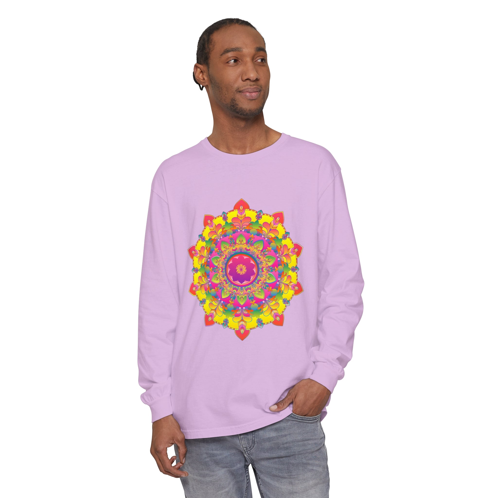 Colorful and intricate mandala design on a long sleeve t-shirt