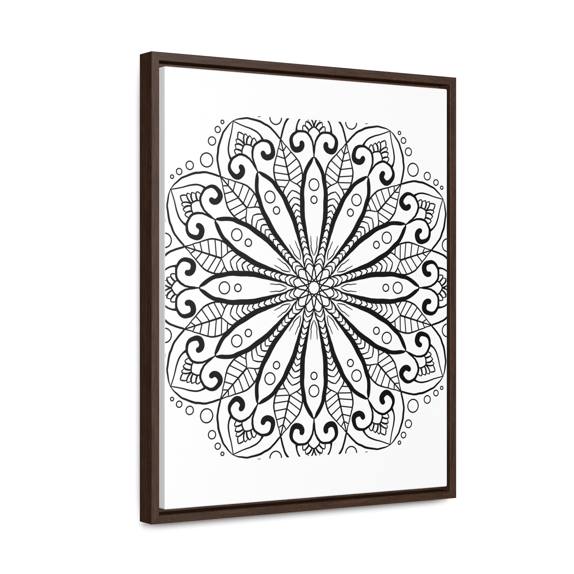 Handmade black and white mandala art displayed on gallery canvas wrap