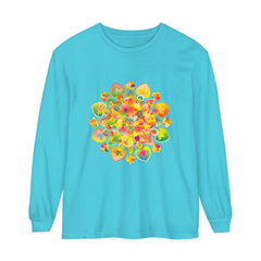 Colorful and intricate psychedelic mandala design on a long sleeve t-shirt