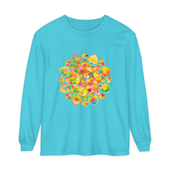 Colorful and intricate psychedelic mandala design on a long sleeve t-shirt