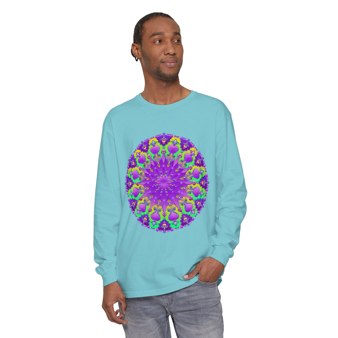 Vibrant purple and green mandala design long sleeve t-shirt for women