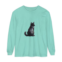 A close-up image of a black cat mystery unisex long sleeve tee with a stylish and versatile design, perfect for any casual or semi-formal occasion