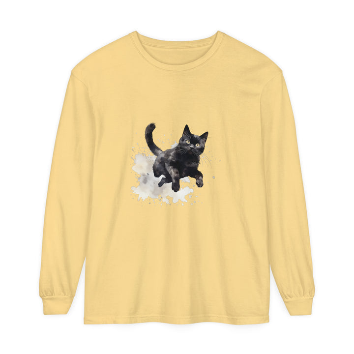 Black Cat Watercolor Splash T-Shirt featuring a playful feline design