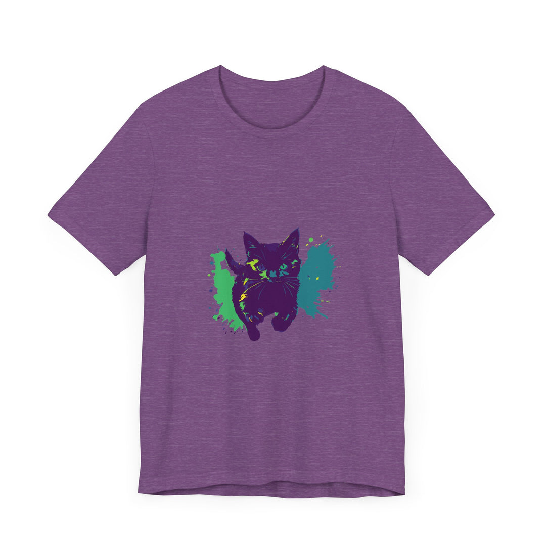 A vibrant and eye-catching t-shirt featuring a colorful splash design with a mysterious black cat