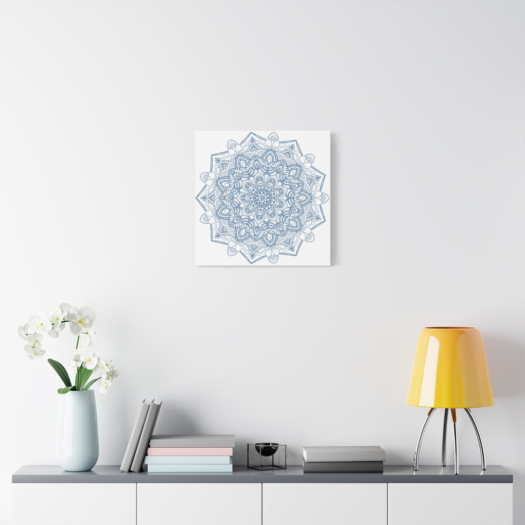 Handmade mandala art in steel blue, featuring intricate mandala design on matte canvas, stretched and ready to hang on your wall