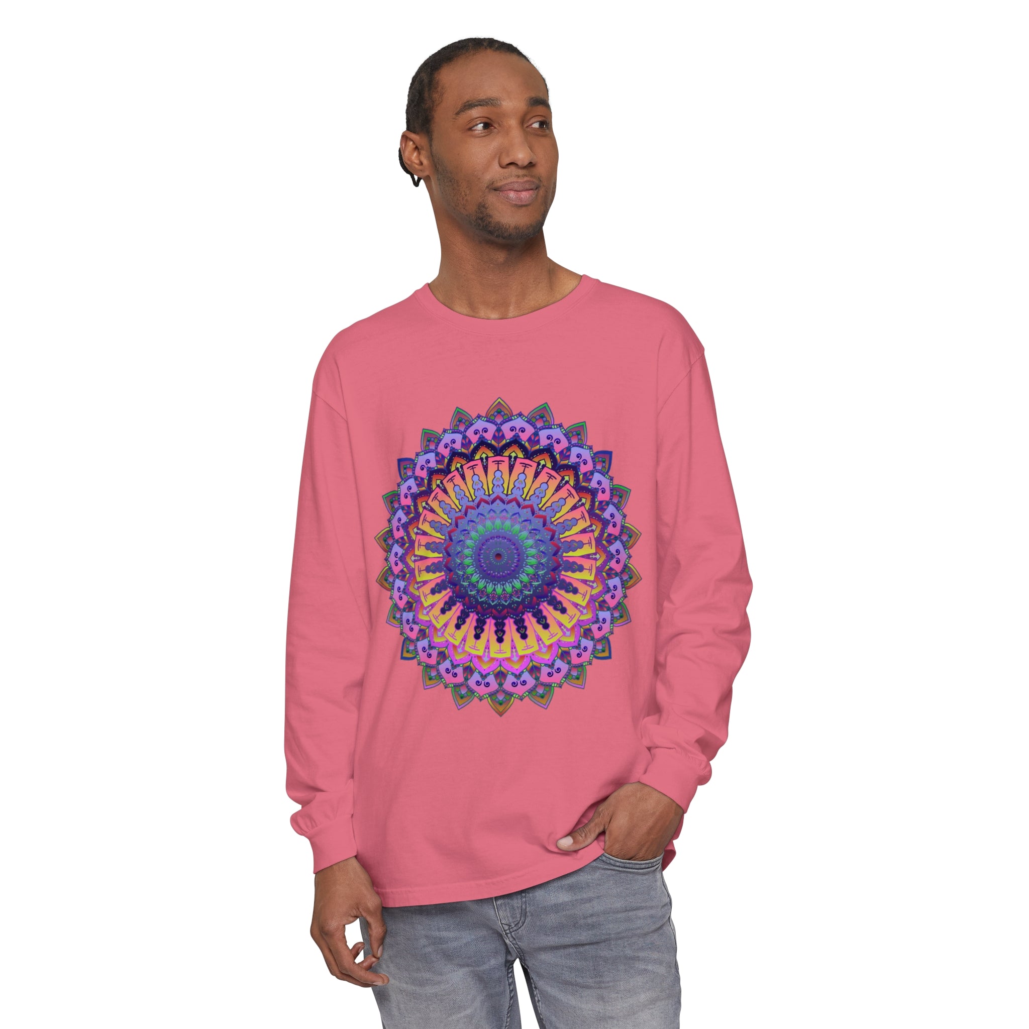 Intricate Mandala Unisex Long Sleeve T-Shirt in vibrant colors and detailed design