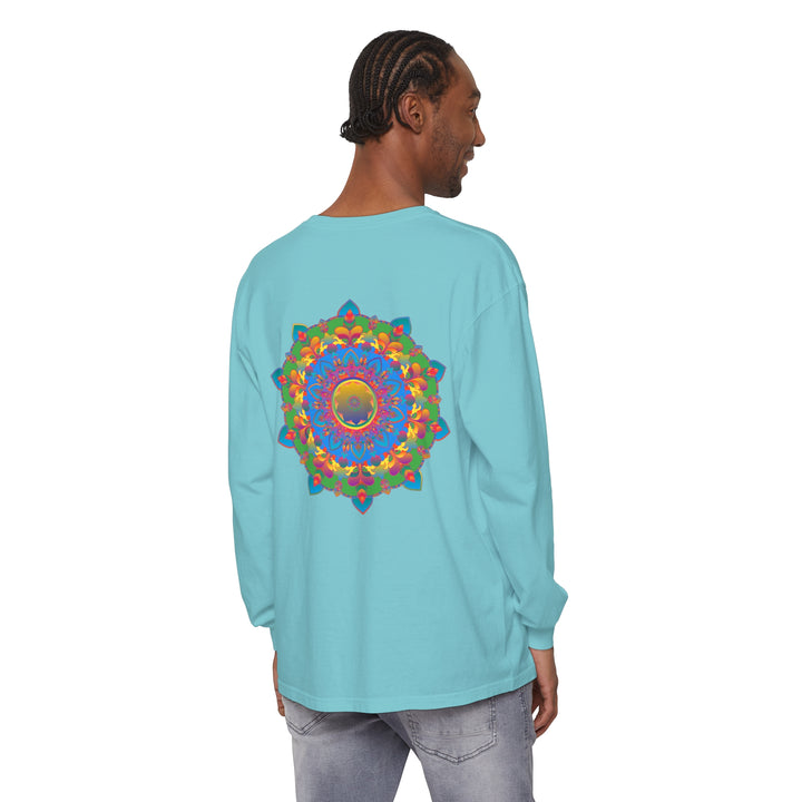 Colorful long sleeve t-shirt featuring an intricate mandala design on the front